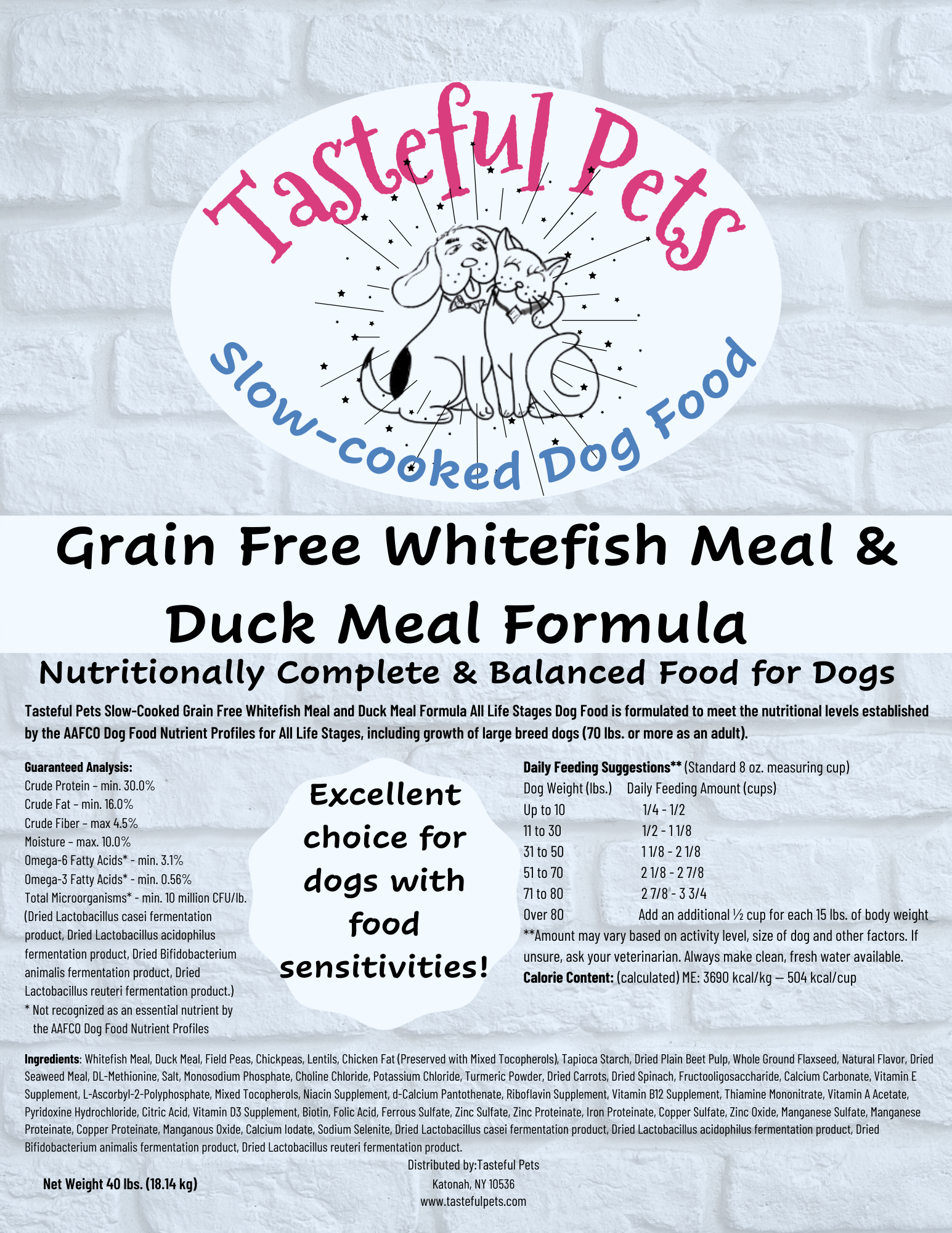 Tasteful Pets Slow-cooked Grain Free Whitefish Meal & Duck Meal Formula Dog Food